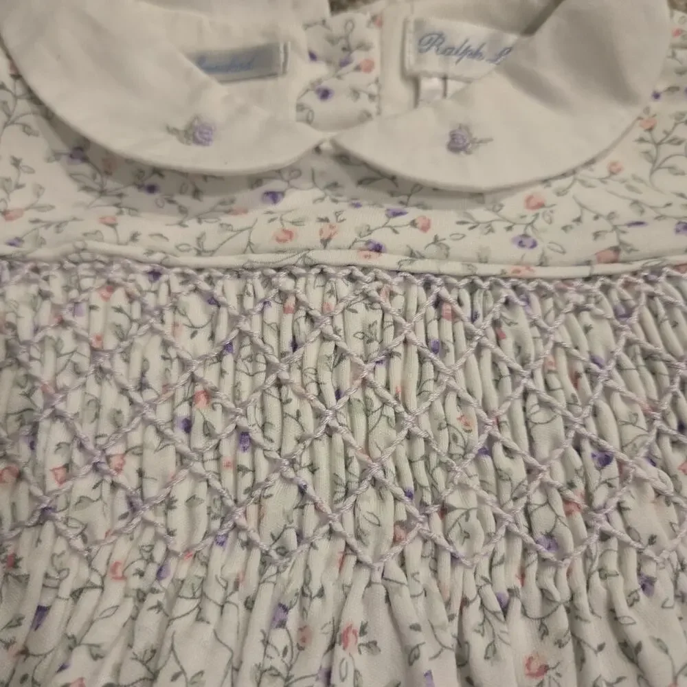 New Ralph Lauren Hand Smocked One Piece Floral Baby Romper 9 Mo Rare Cottage